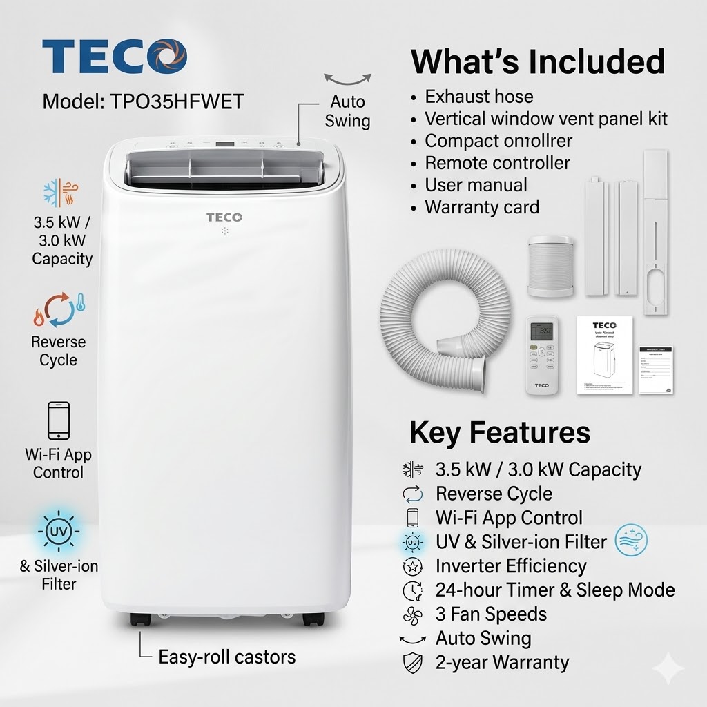 Teco reverse cycle portable air conditioner TPO35HFWET