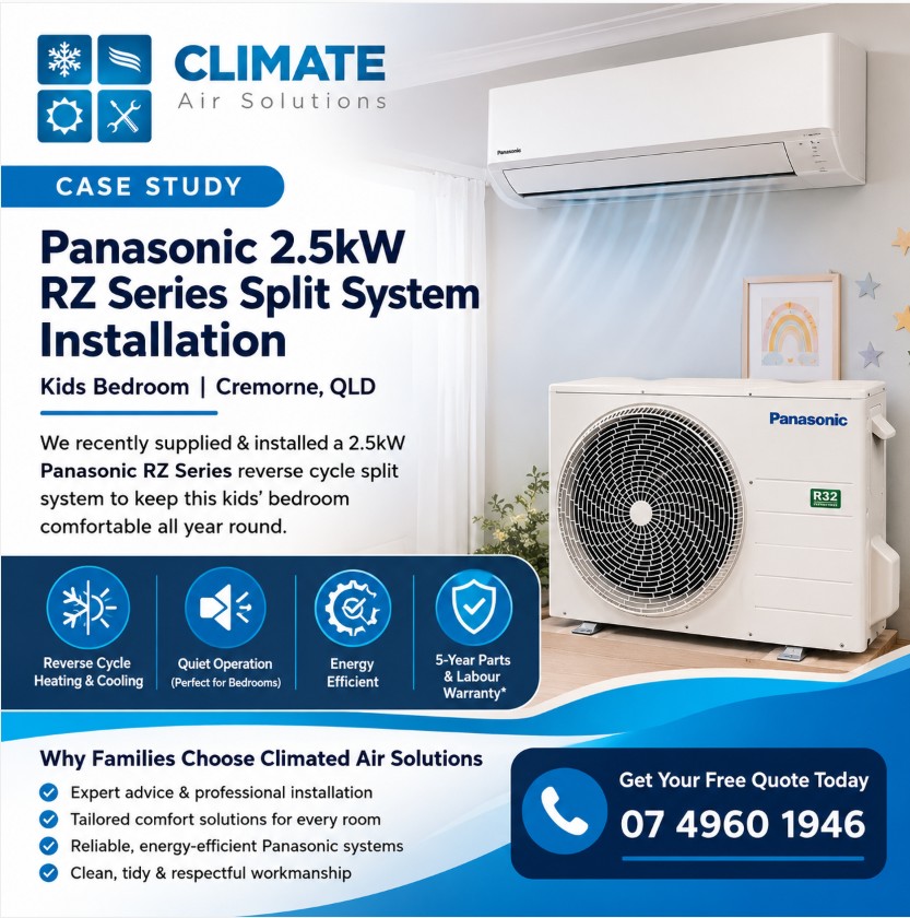 Split system air conditioner installation Cremorne Queensland